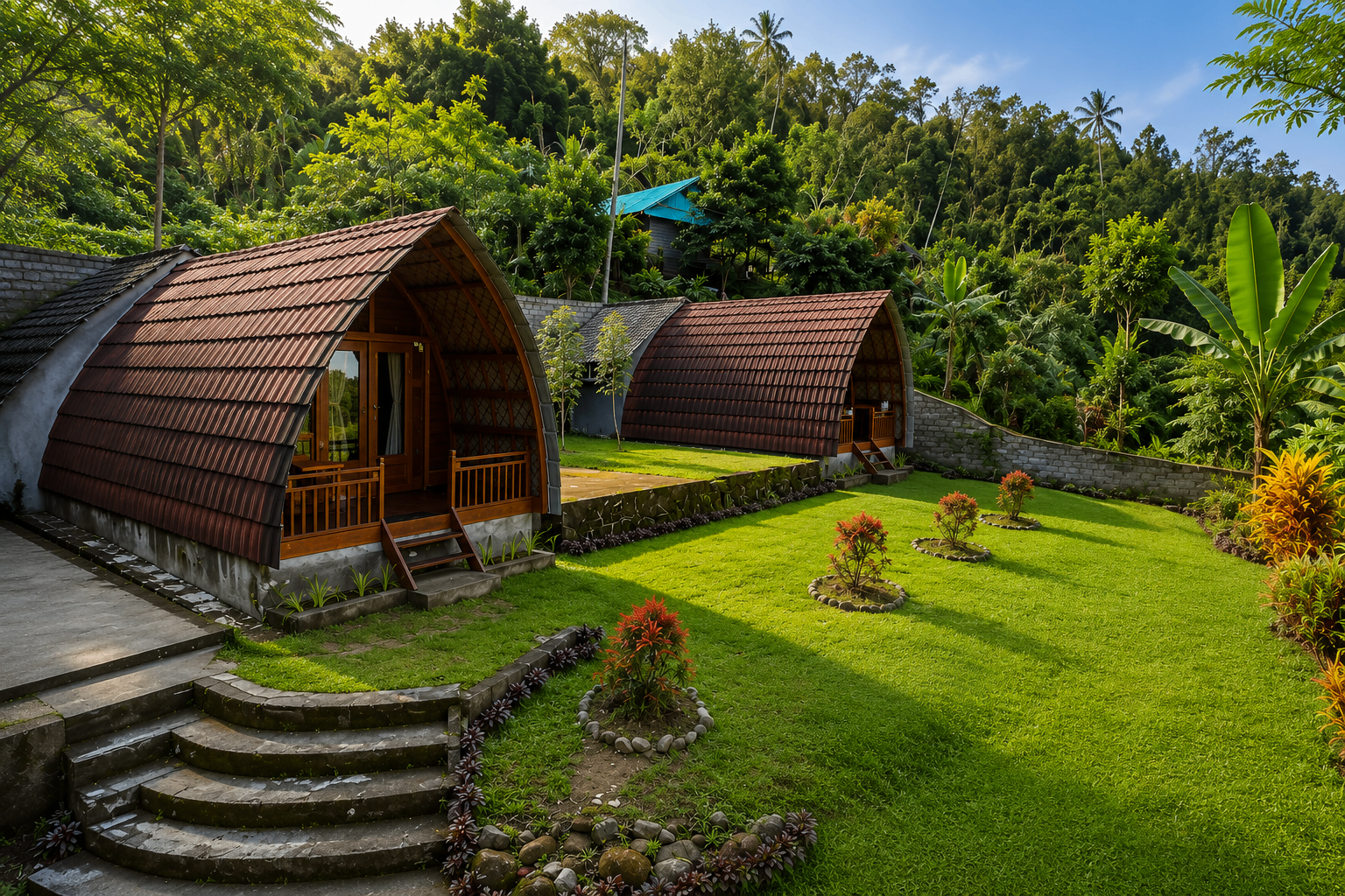 Traditional Balinese bungalows with arched tile roofs at Villa Lumbung Ayu Sari in Sidemen