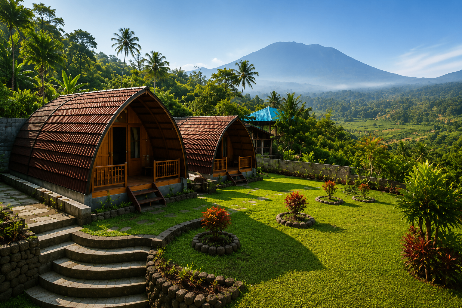Traditional Balinese villas with rice fields and Mount Agung